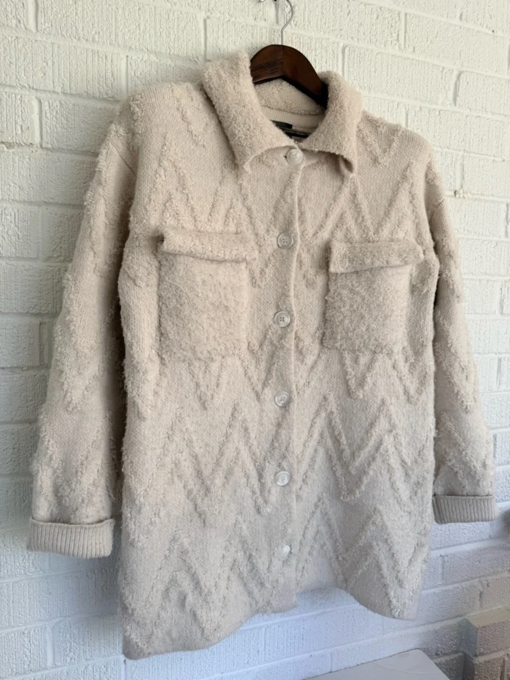 Anthropologie Cream Chevron Teddy Jacket - Picture 2 of 9